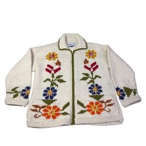 Del Mundo Hand Knit Wool Floral Cardigan Sweater Full Zip Cream‎ Chunky Mens XL